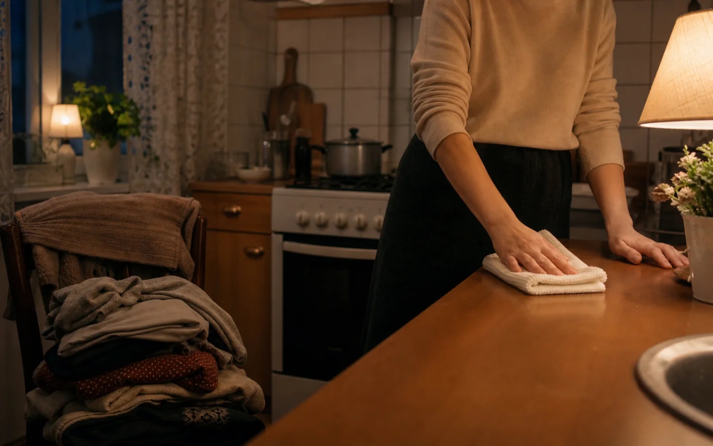 Спокойная домашняя сцена к материалу «Вечерний порядок за двадцать минут: что действительно стоит сделать»